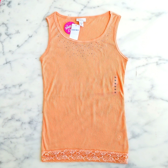 NWT. Limited Too Cotton Blended Orange Tank Top w/crystals, lace & embroidery. - Picture 2 of 4